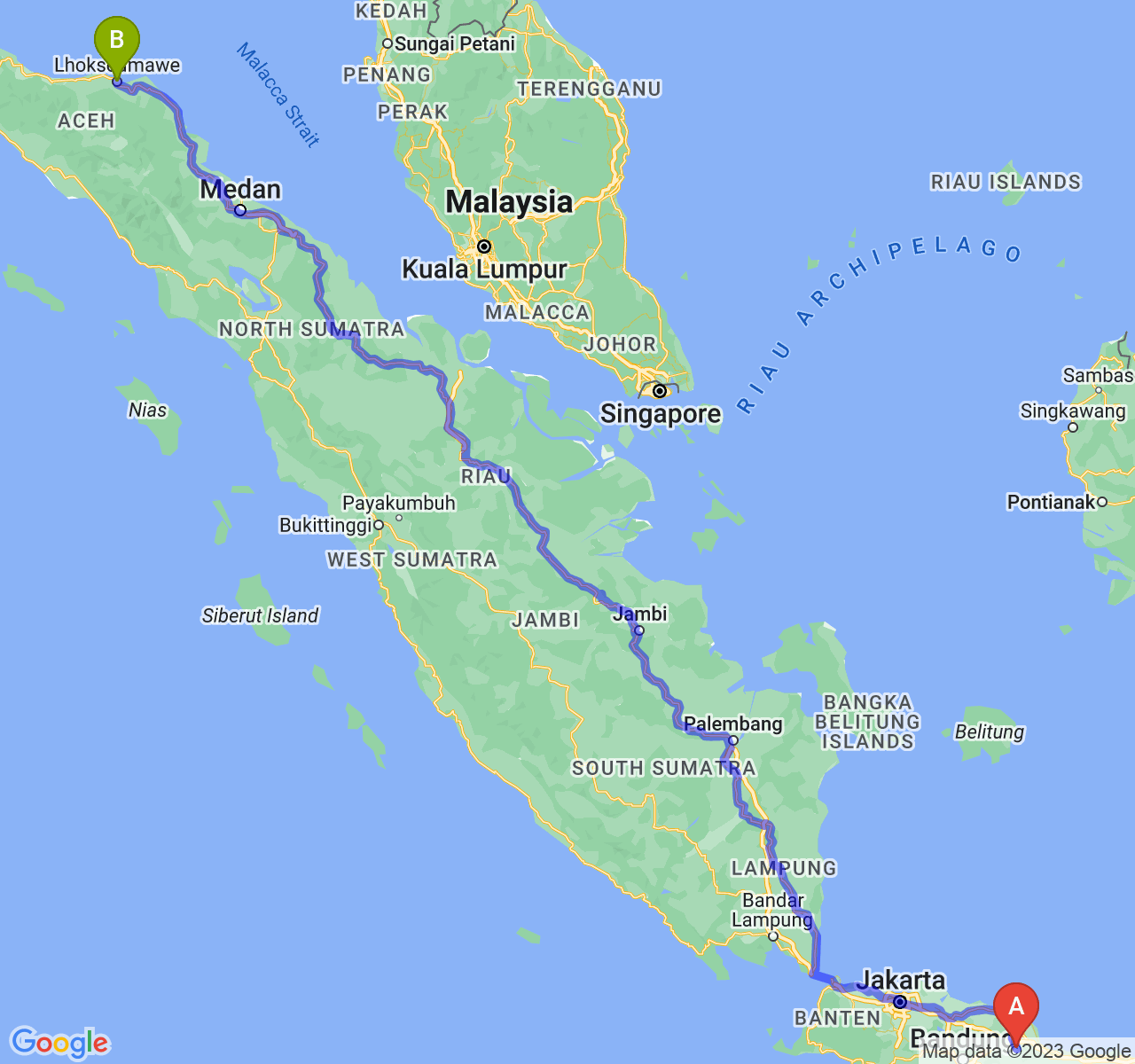 perjalanan dengan rute Kab. Majalengka-Kota Lhokseumawe