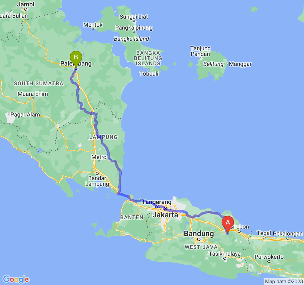 perjalanan dengan rute Kab. Majalengka-Kota Palembang