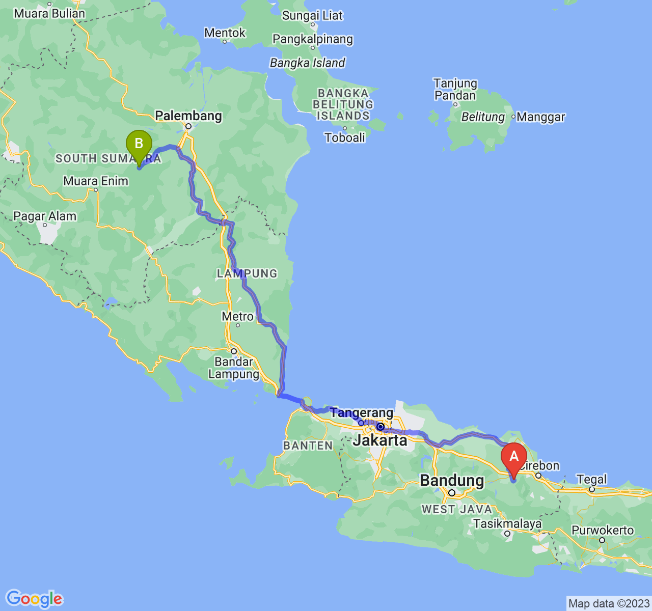 perjalanan dengan rute Kab. Majalengka-Kota Prabumulih