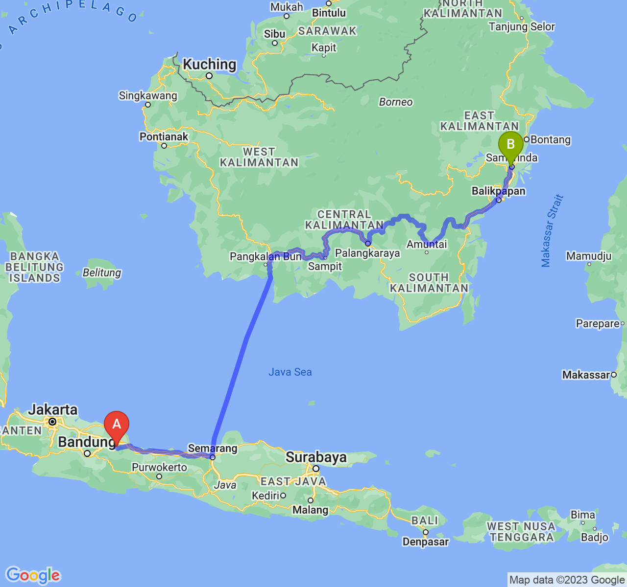 perjalanan dengan rute Kab. Majalengka-Kota Samarinda