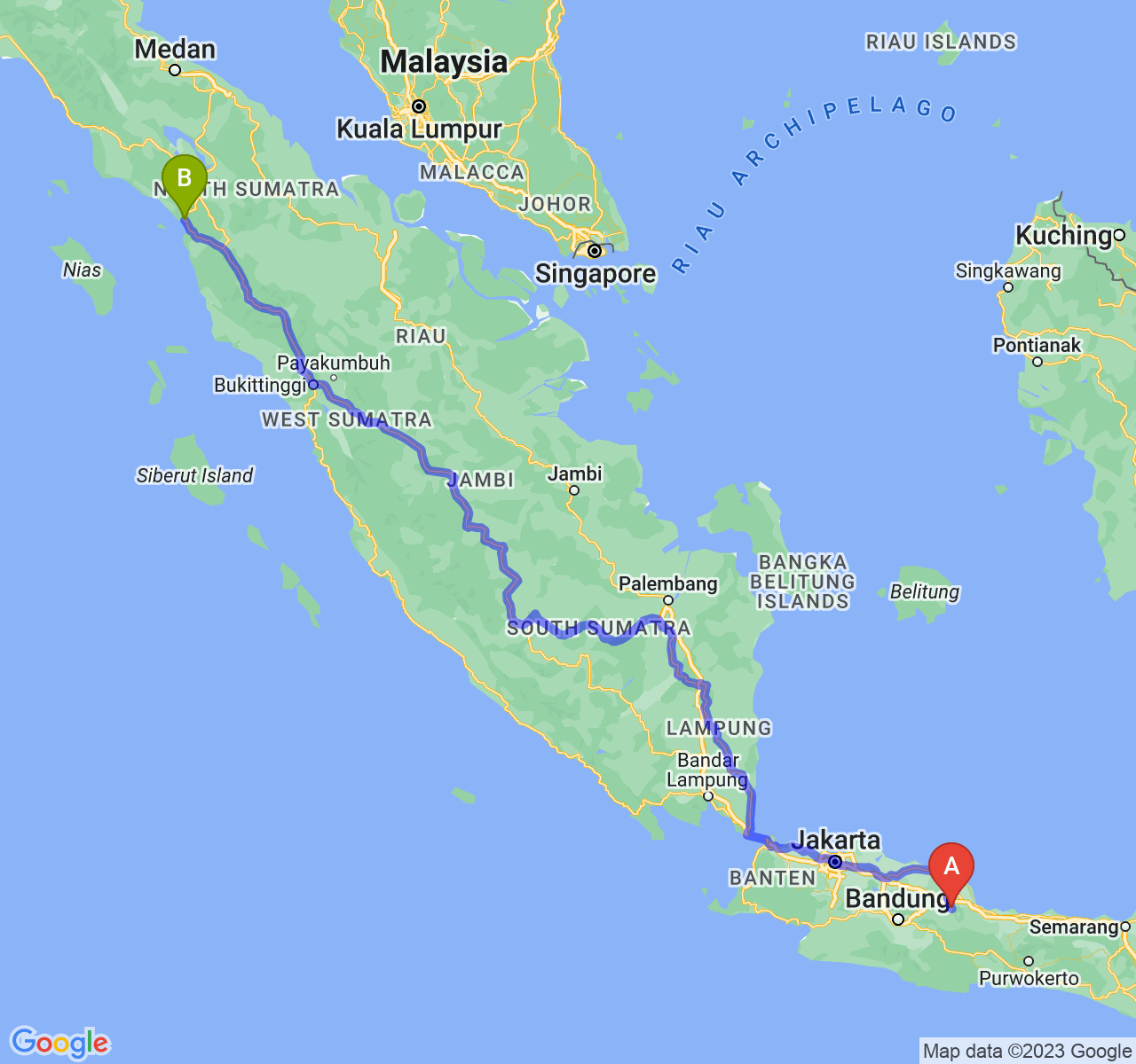 perjalanan dengan rute Kab. Majalengka-Kota Sibolga