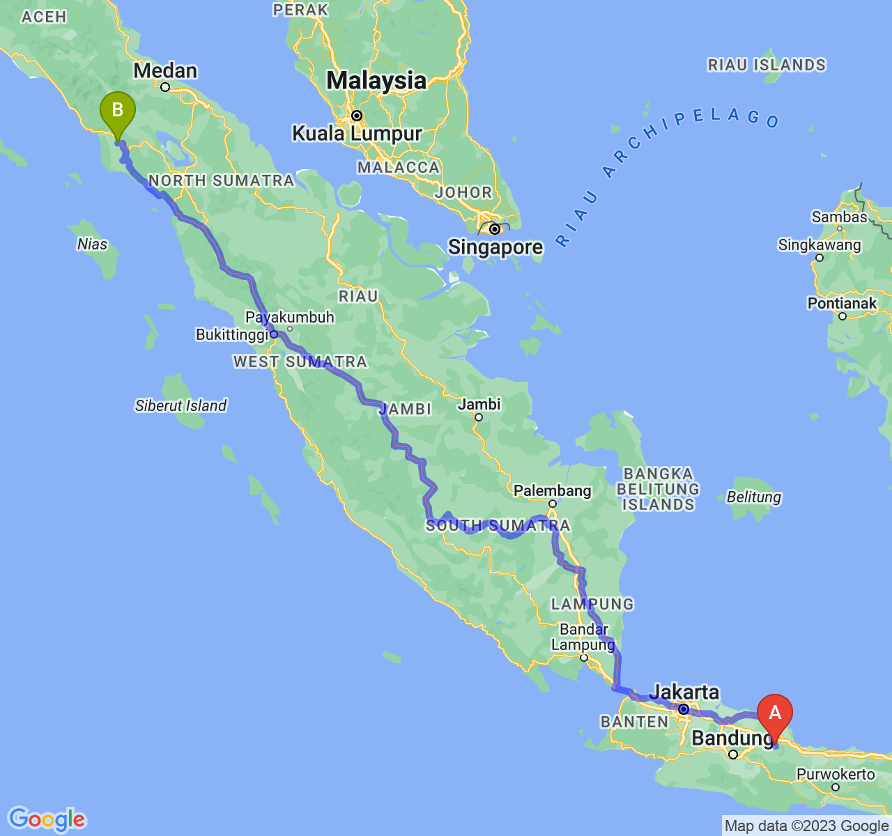 perjalanan dengan rute Kab. Majalengka-Kota Subulussalam