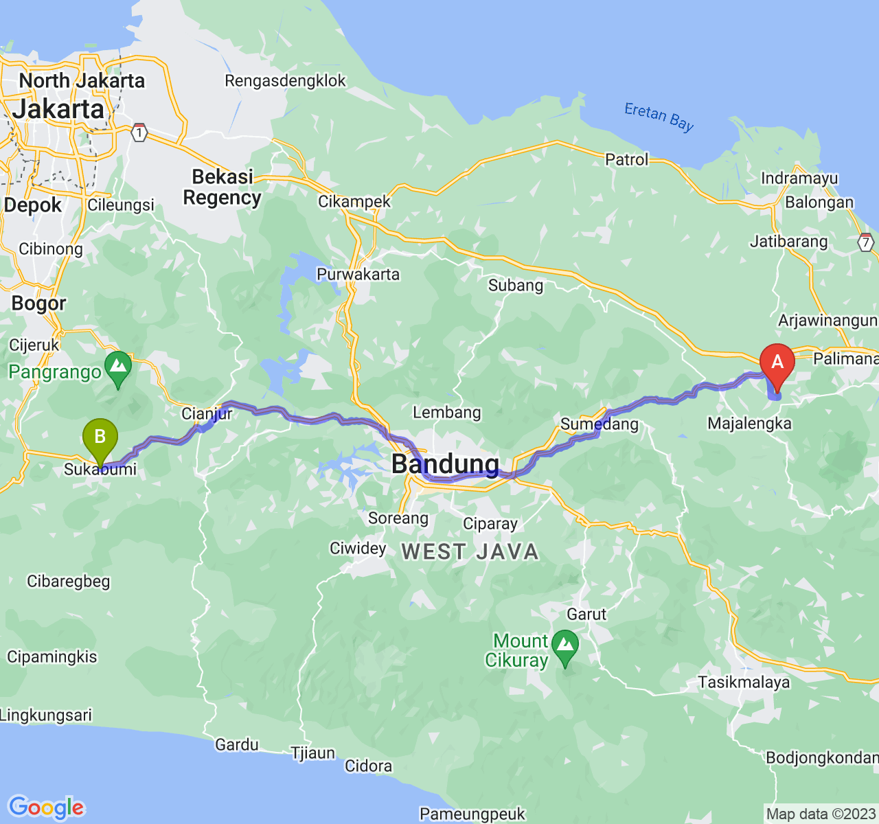 perjalanan dengan rute Kab. Majalengka-Kota Sukabumi