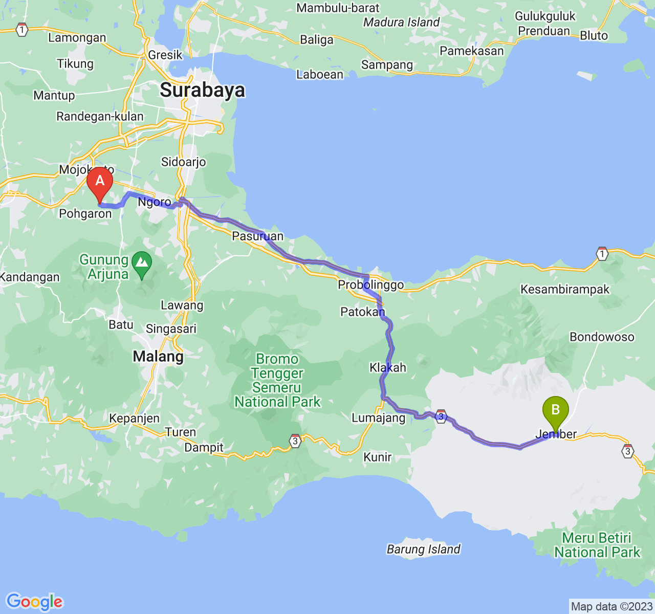 perjalanan dengan rute Kab. Mojokerto-Kab. Jember