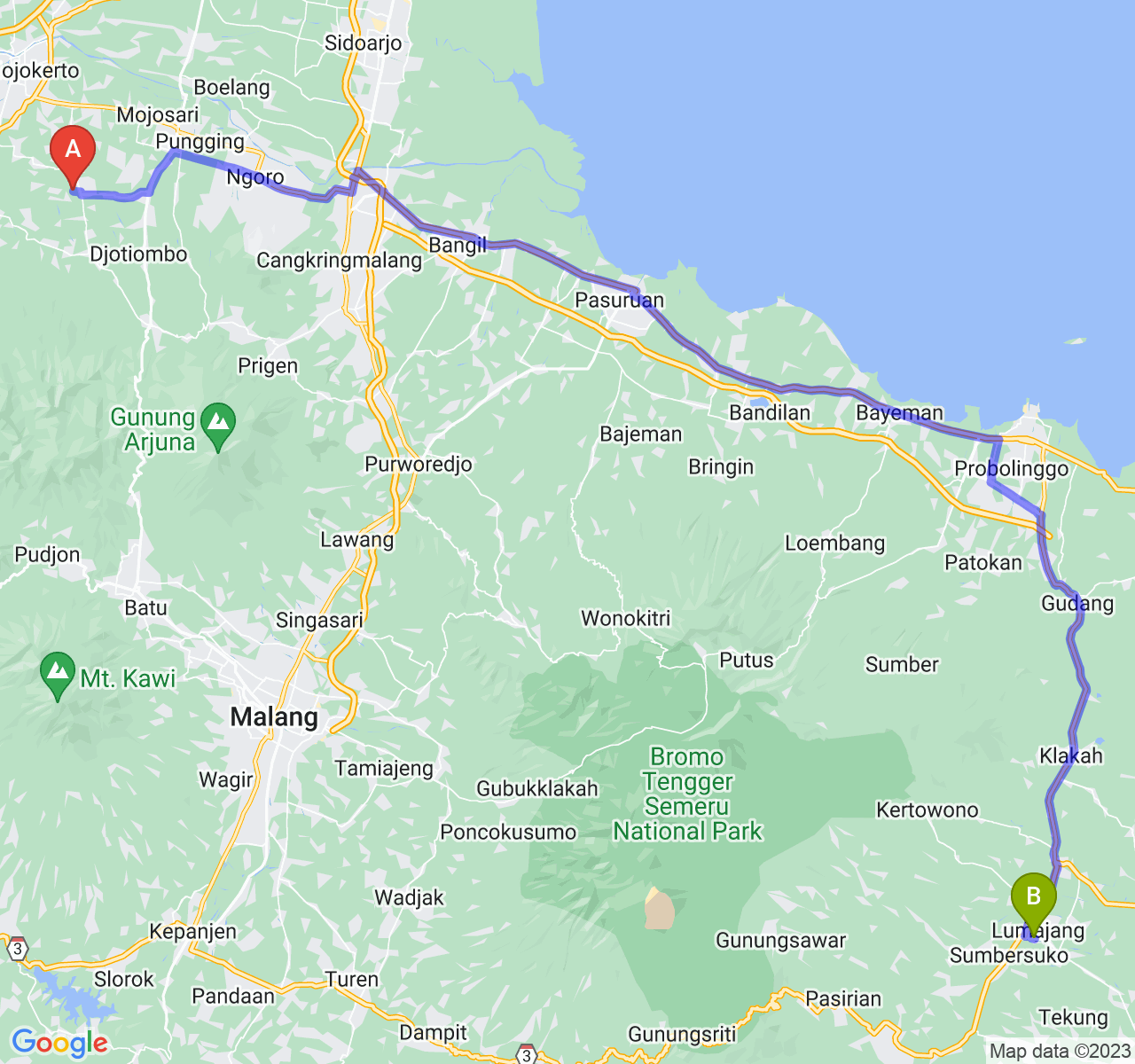 perjalanan dengan rute Kab. Mojokerto-Kab. Lumajang