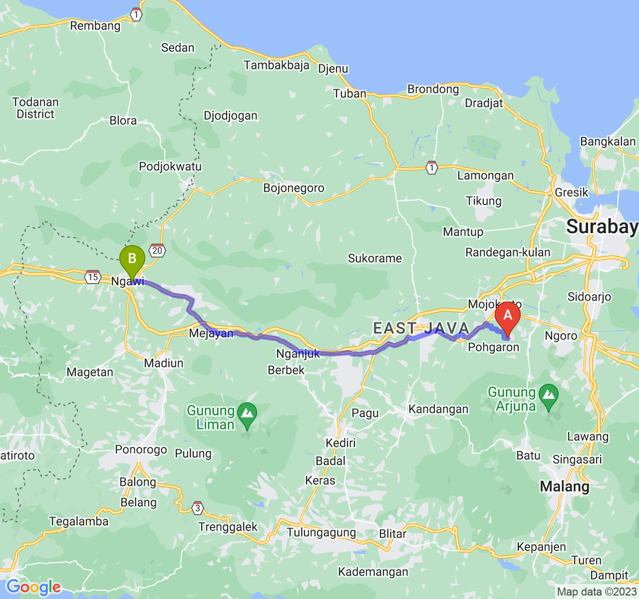 perjalanan dengan rute Kab. Mojokerto-Kab. Ngawi