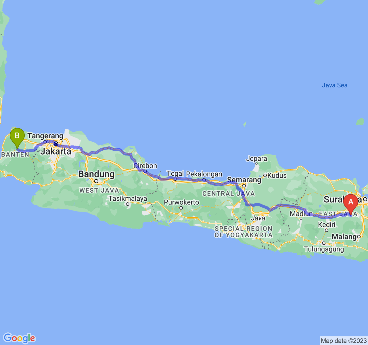 perjalanan dengan rute Kab. Mojokerto-Kab. Pandeglang