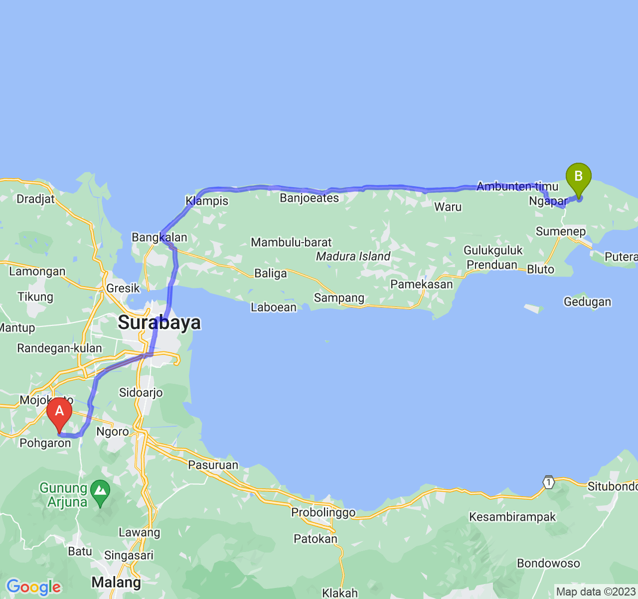 perjalanan dengan rute Kab. Mojokerto-Kab. Sumenep