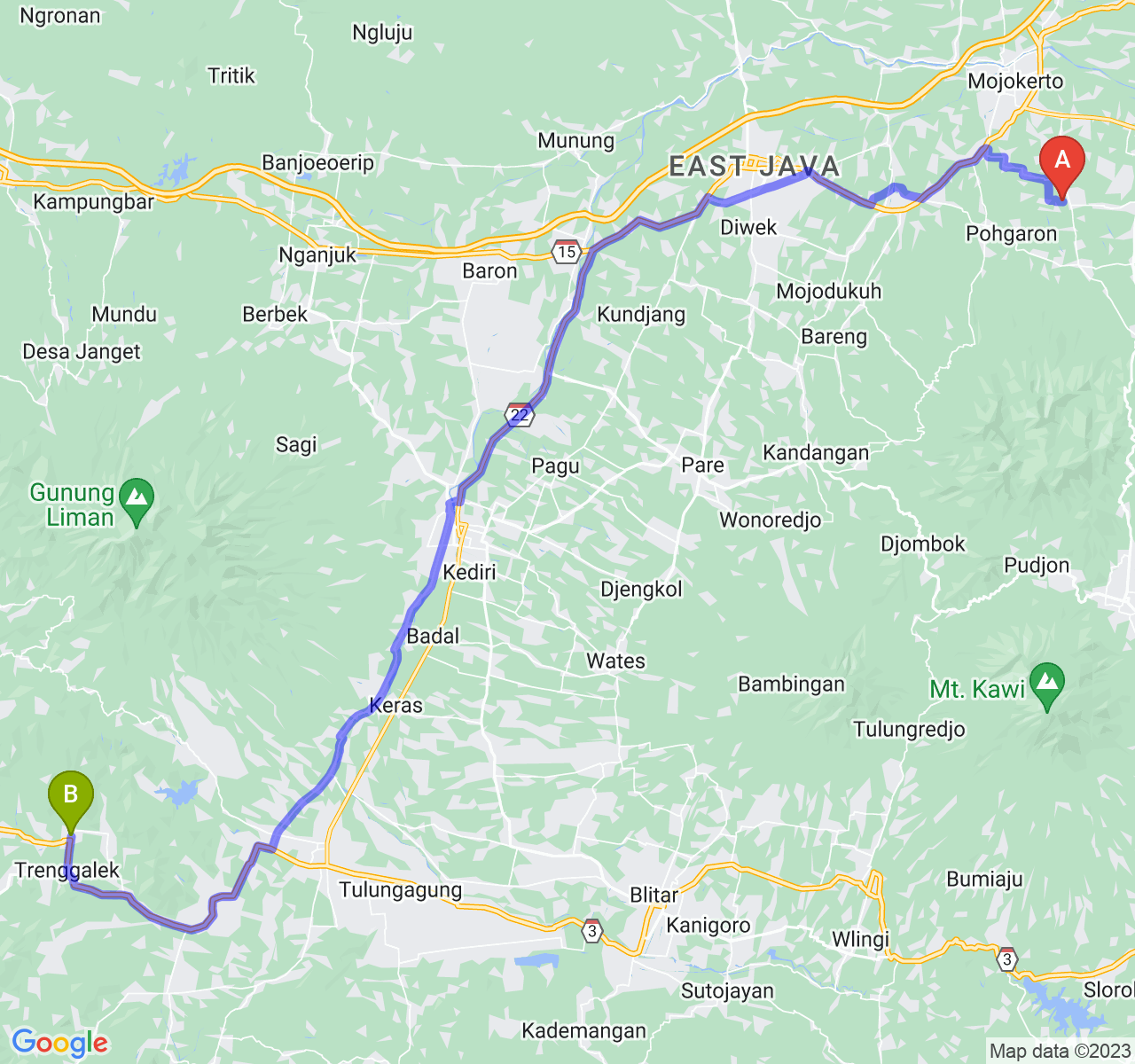 perjalanan dengan rute Kab. Mojokerto-Kab. Trenggalek