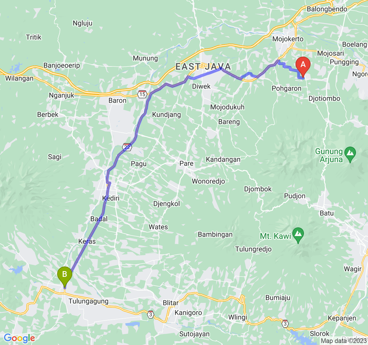 perjalanan dengan rute Kab. Mojokerto-Kab. Tulungagung