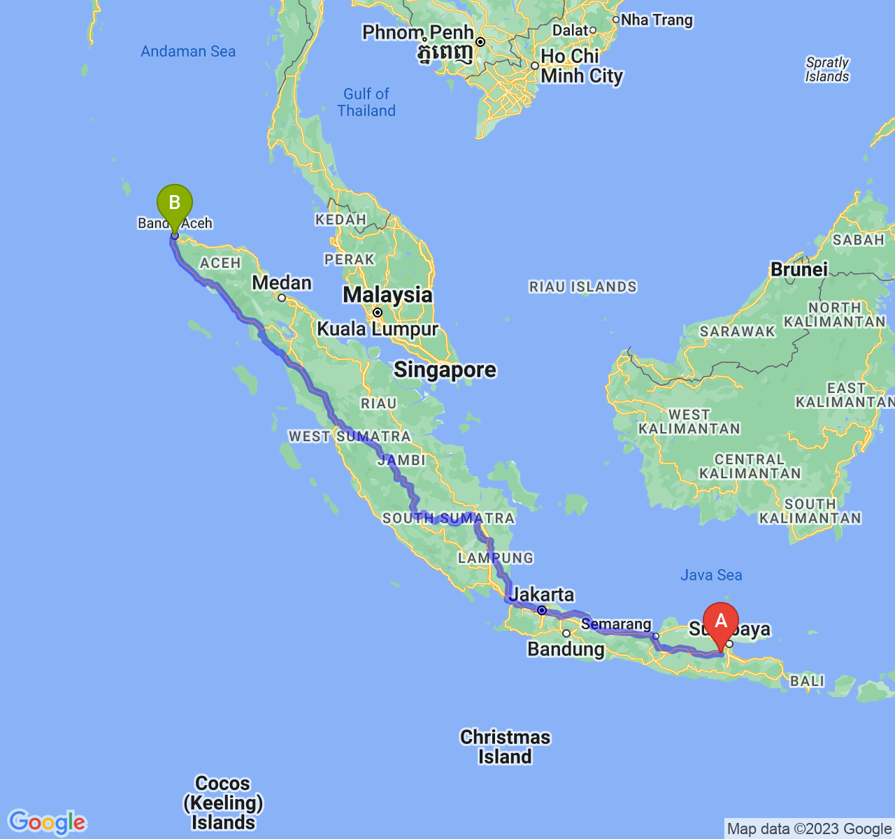 perjalanan dengan rute Kab. Mojokerto-Kota Banda Aceh