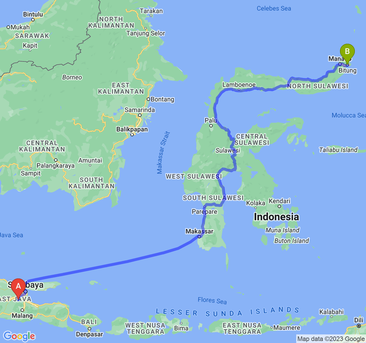 perjalanan dengan rute Kab. Mojokerto-Kota Bitung