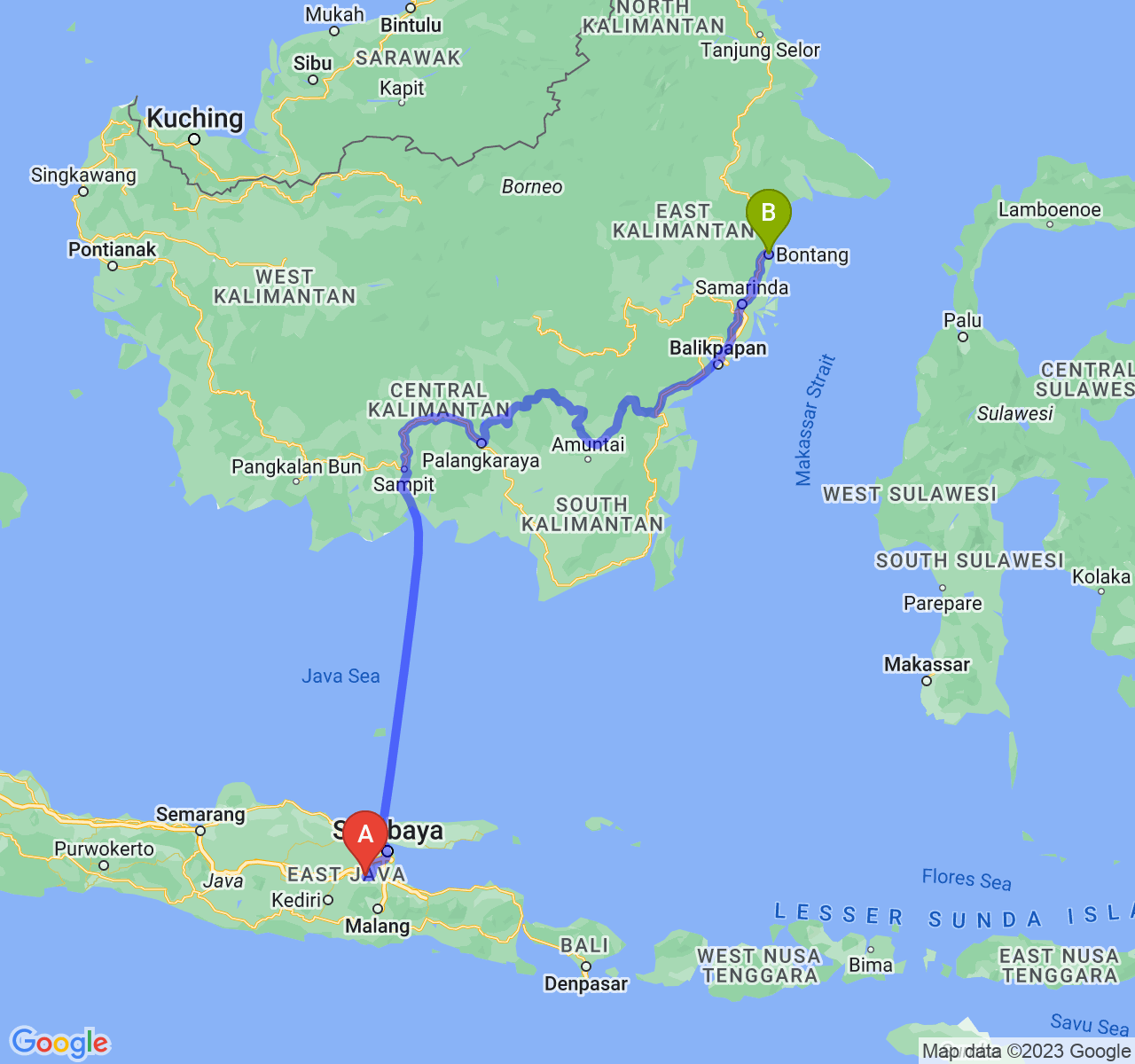 perjalanan dengan rute Kab. Mojokerto-Kota Bontang