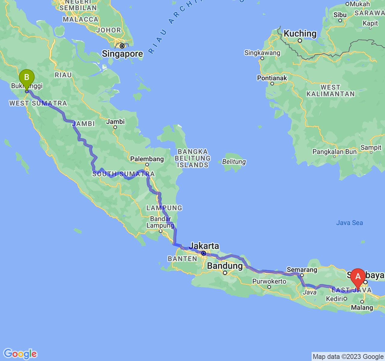 perjalanan dengan rute Kab. Mojokerto-Kota Bukittinggi