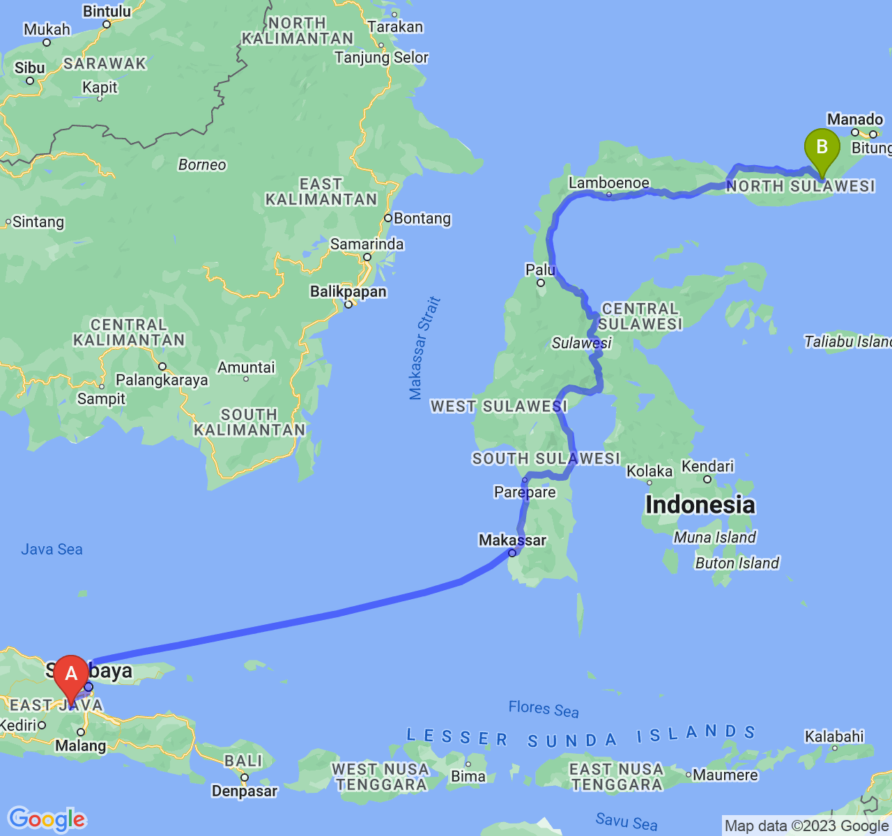 perjalanan dengan rute Kab. Mojokerto-Kota Kotamobagu