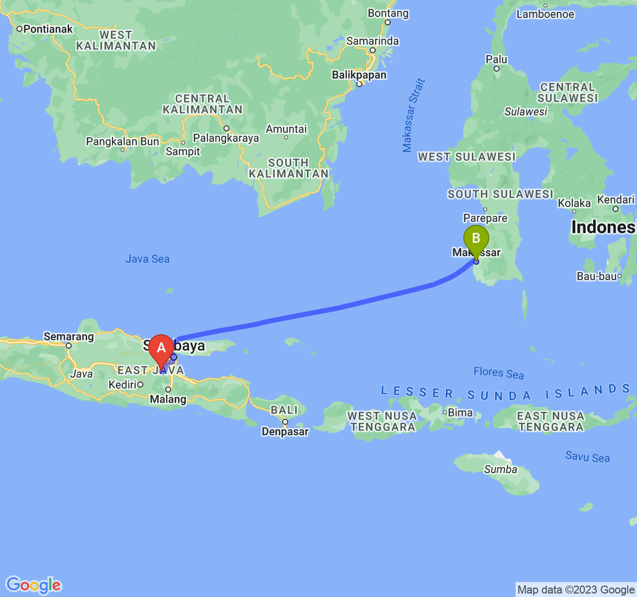 perjalanan dengan rute Kab. Mojokerto-Kota Makassar