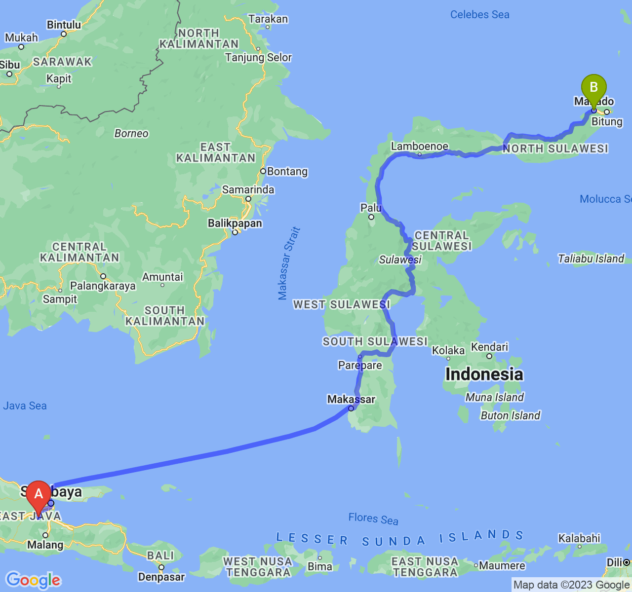 perjalanan dengan rute Kab. Mojokerto-Kota Manado