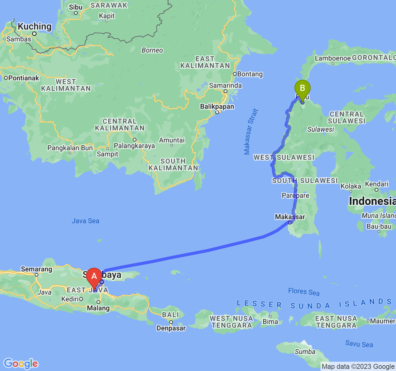 perjalanan dengan rute Kab. Mojokerto-Kota Palu