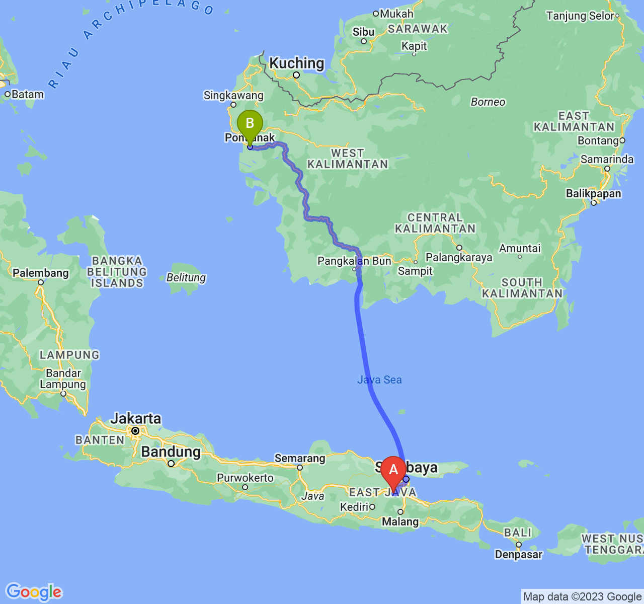 perjalanan dengan rute Kab. Mojokerto-Kota Pontianak