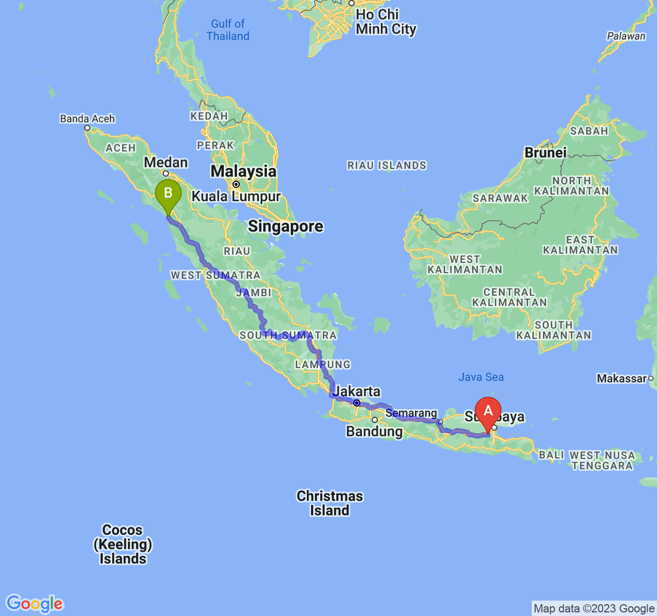 perjalanan dengan rute Kab. Mojokerto-Kota Sibolga