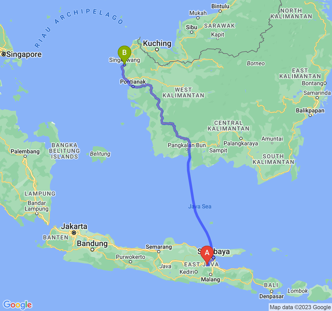 perjalanan dengan rute Kab. Mojokerto-Kota Singkawang