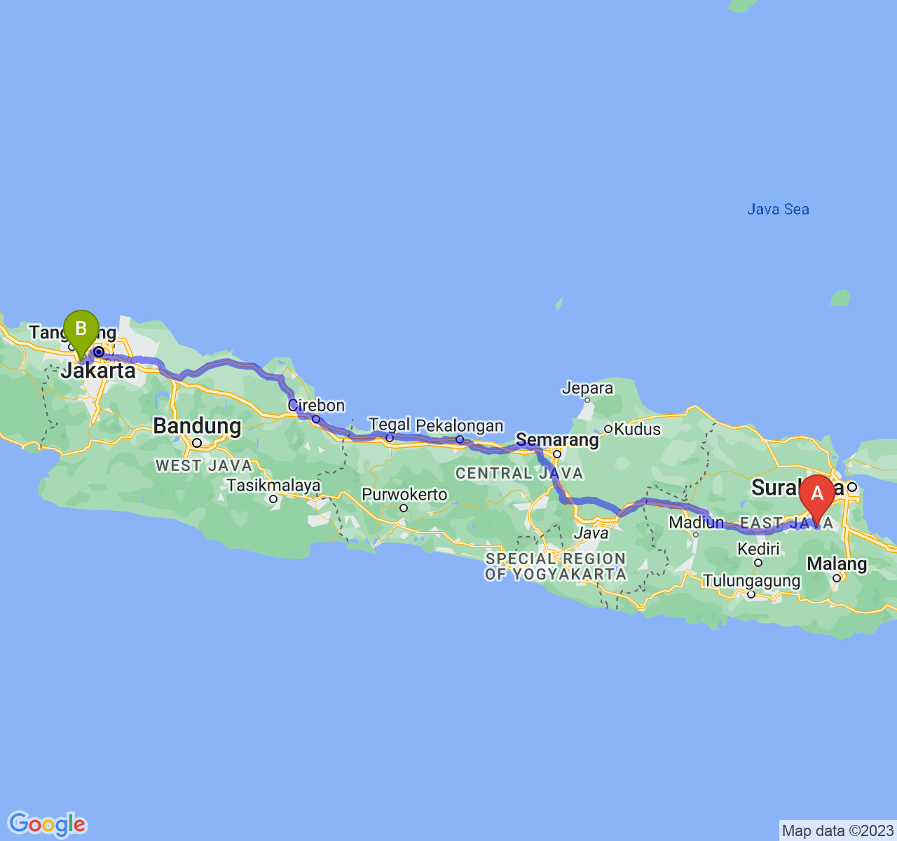 perjalanan dengan rute Kab. Mojokerto-Kota Tangerang Selatan