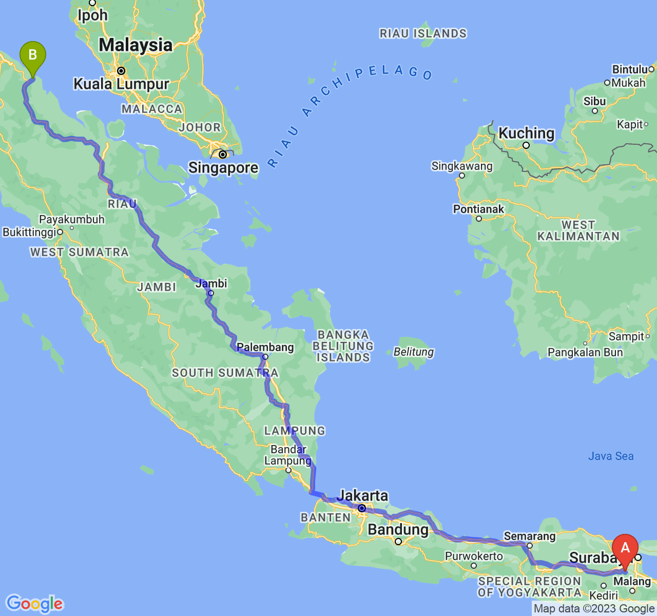 perjalanan dengan rute Kab. Mojokerto-Kota Tanjung Balai