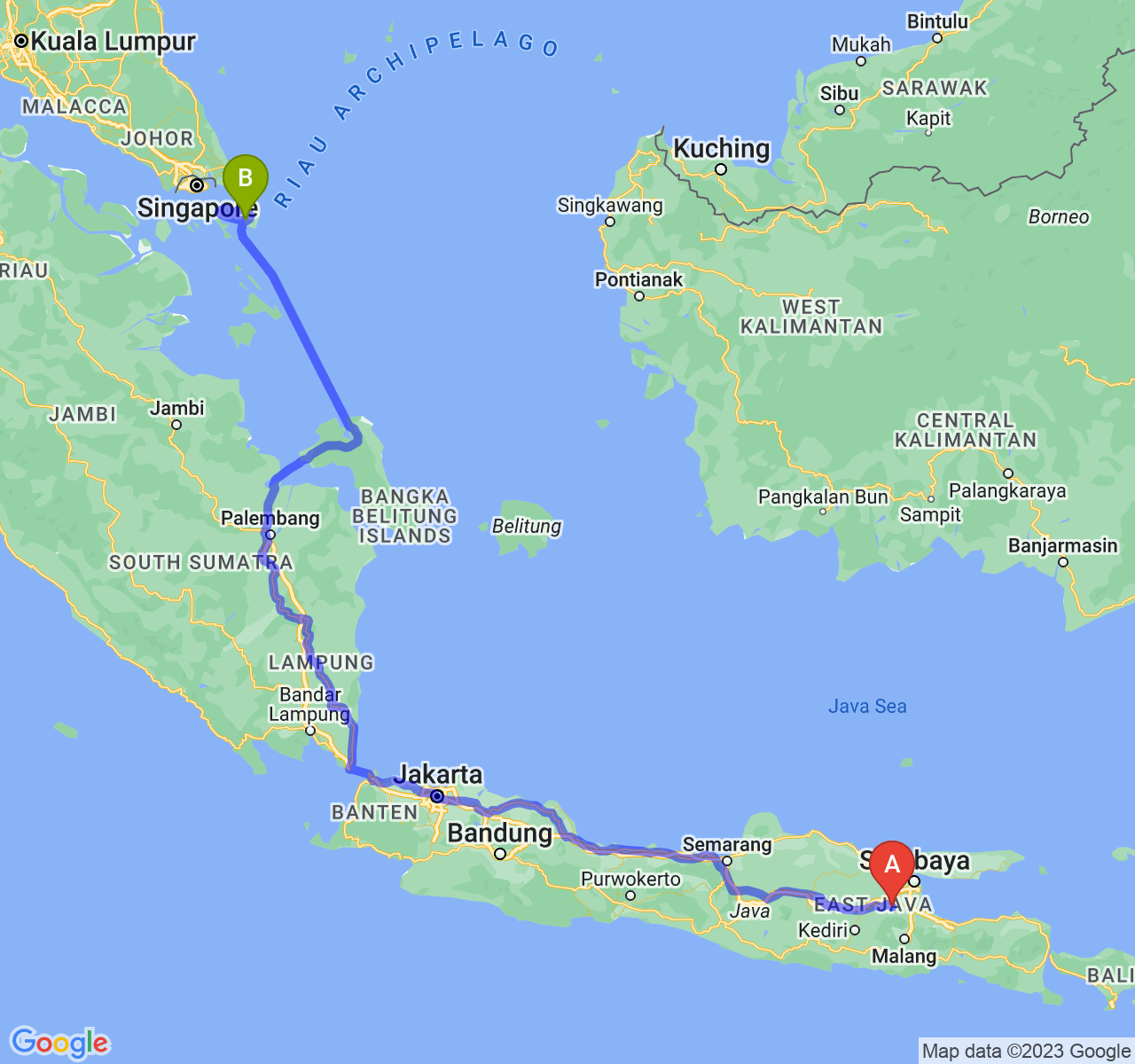 perjalanan dengan rute Kab. Mojokerto-Kota Tanjungpinang