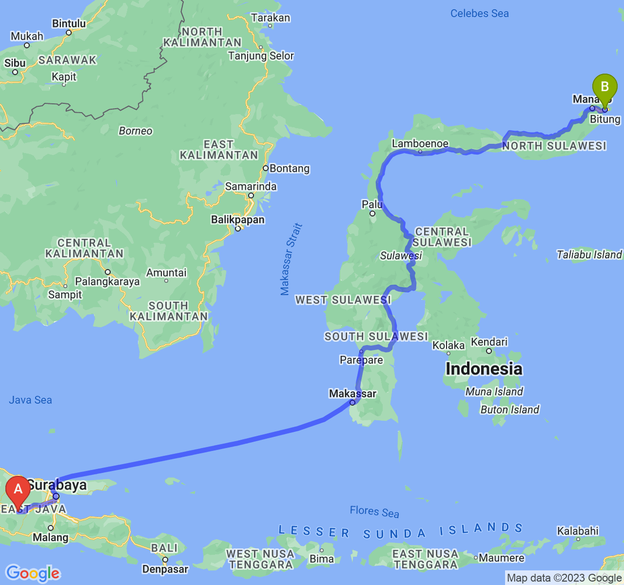 perjalanan dengan rute Kab. Nganjuk-Kota Bitung