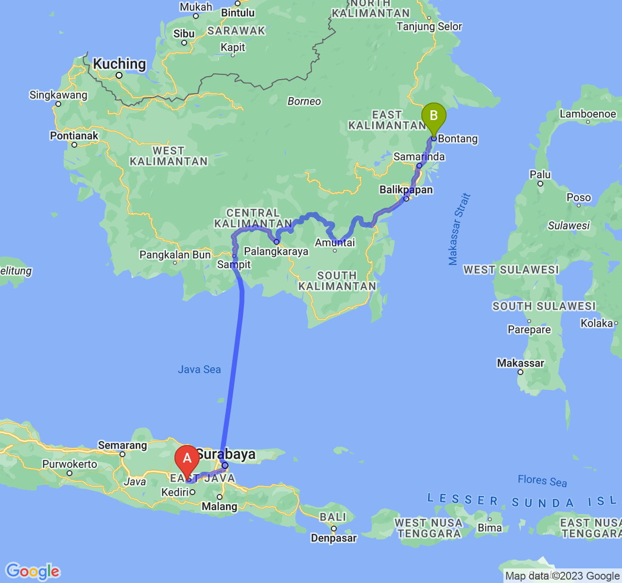 perjalanan dengan rute Kab. Nganjuk-Kota Bontang