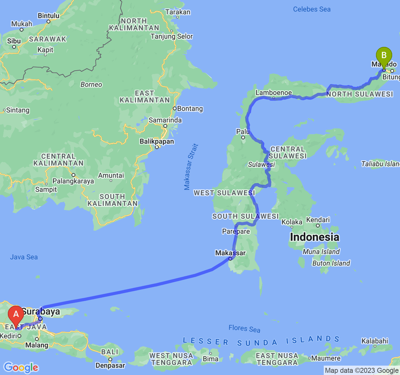 perjalanan dengan rute Kab. Nganjuk-Kota Manado