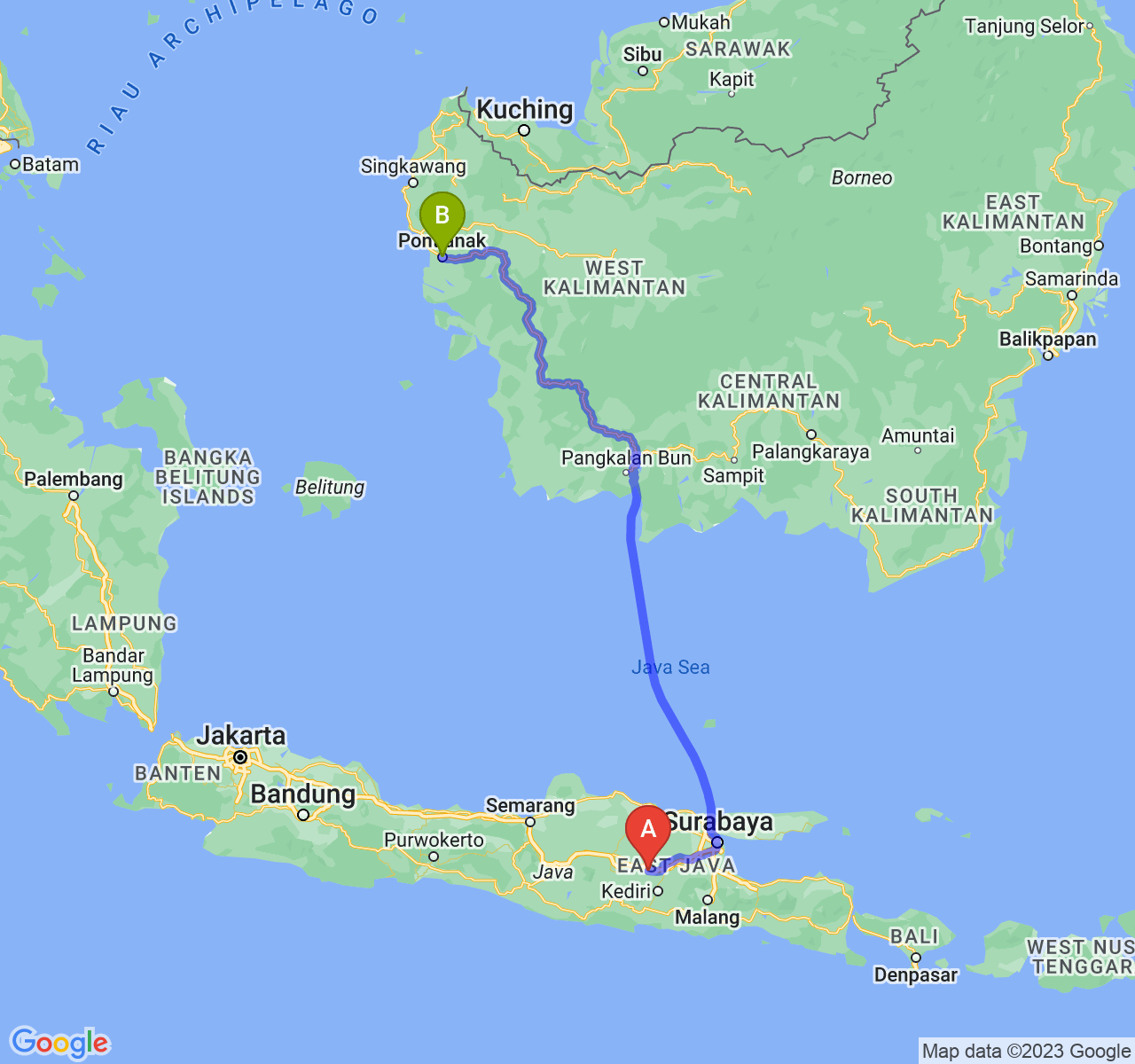 perjalanan dengan rute Kab. Nganjuk-Kota Pontianak