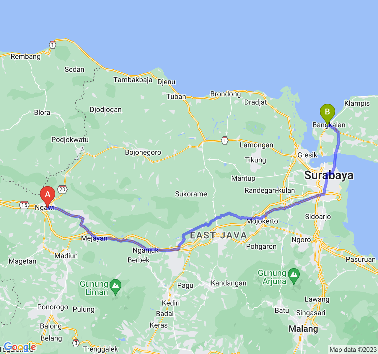 perjalanan dengan rute Kab. Ngawi-Kab. Bangkalan