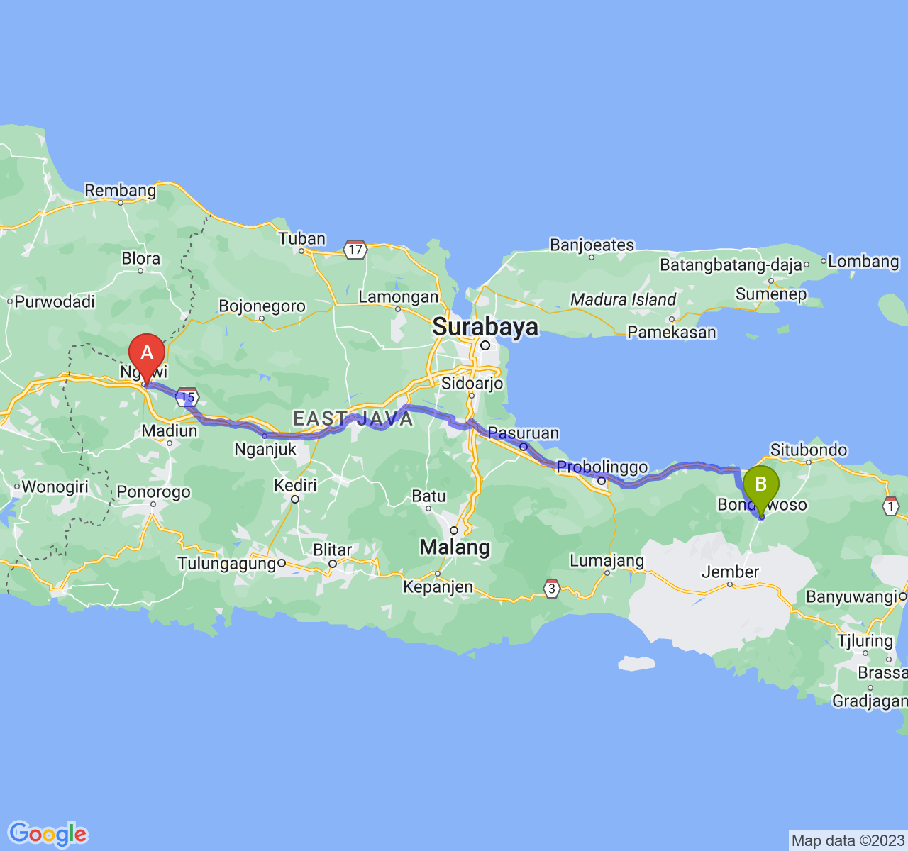 perjalanan dengan rute Kab. Ngawi-Kab. Bondowoso