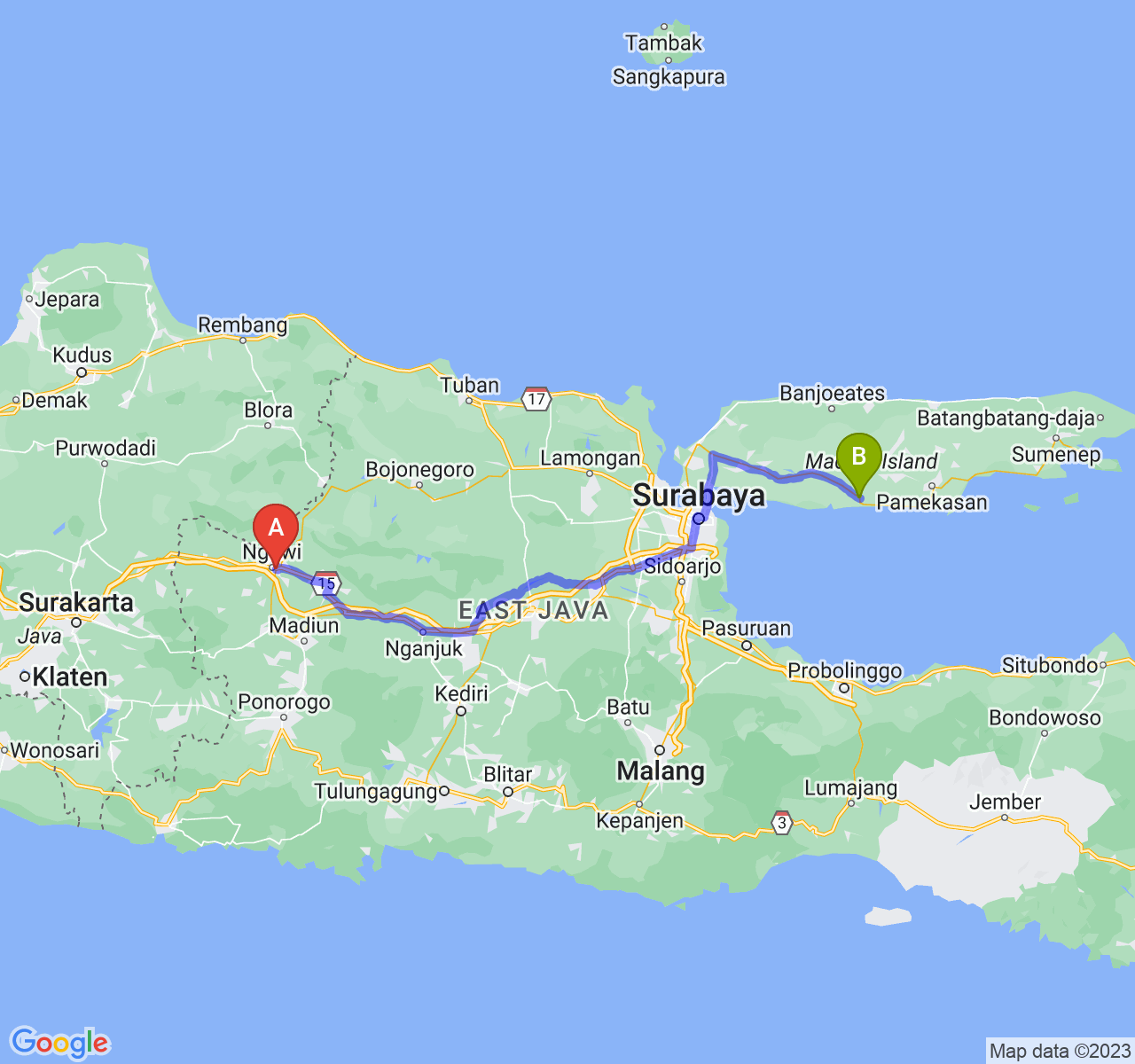 perjalanan dengan rute Kab. Ngawi-Kab. Sampang