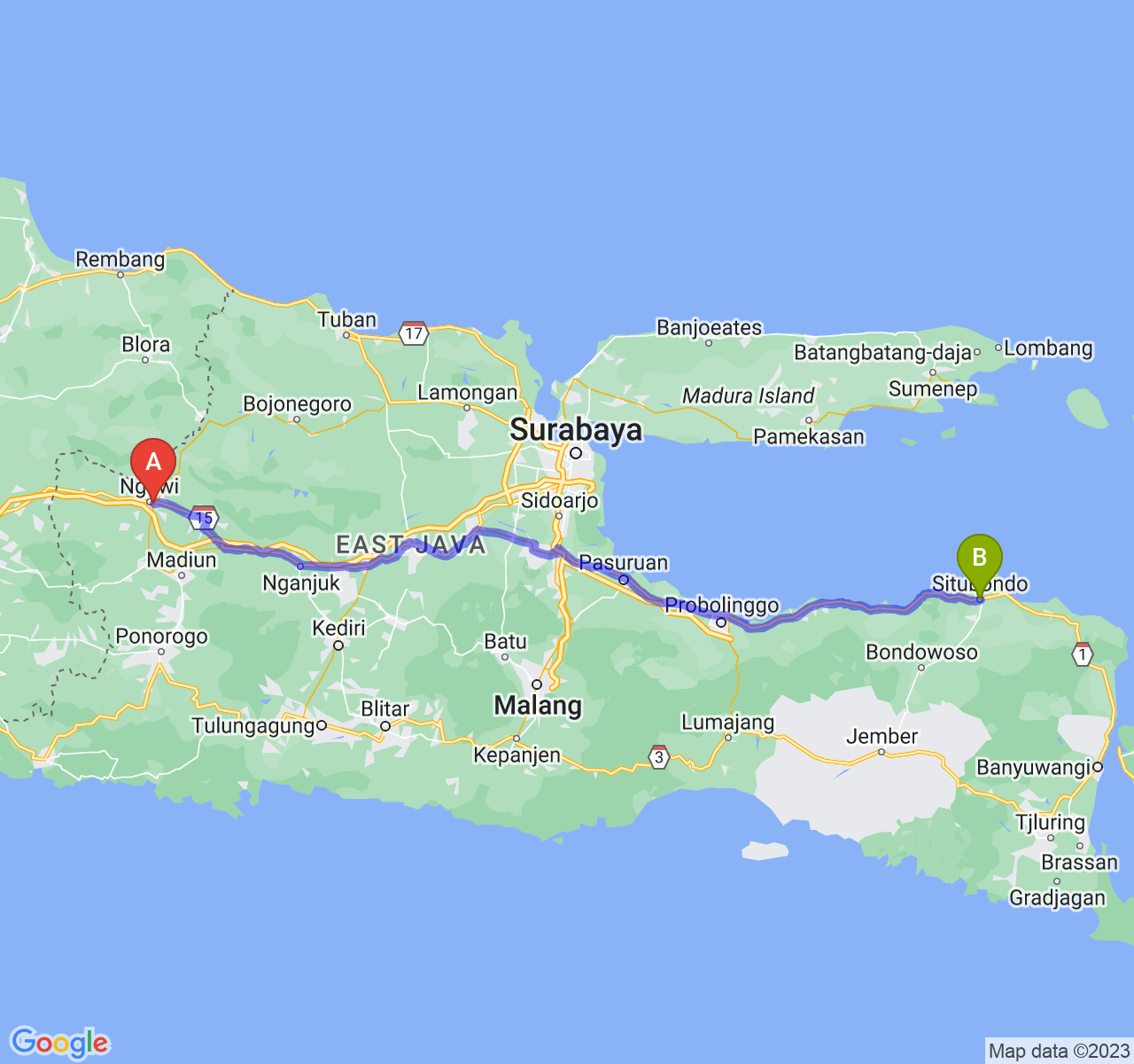 perjalanan dengan rute Kab. Ngawi-Kab. Situbondo