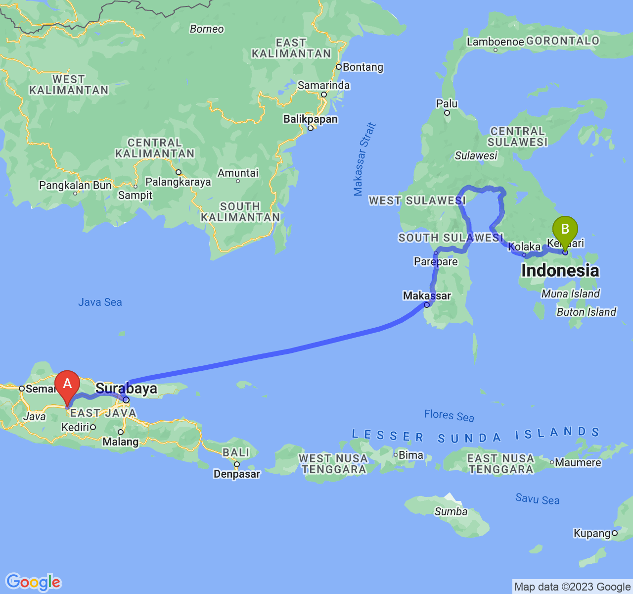 perjalanan dengan rute Kab. Ngawi-Kota Kendari