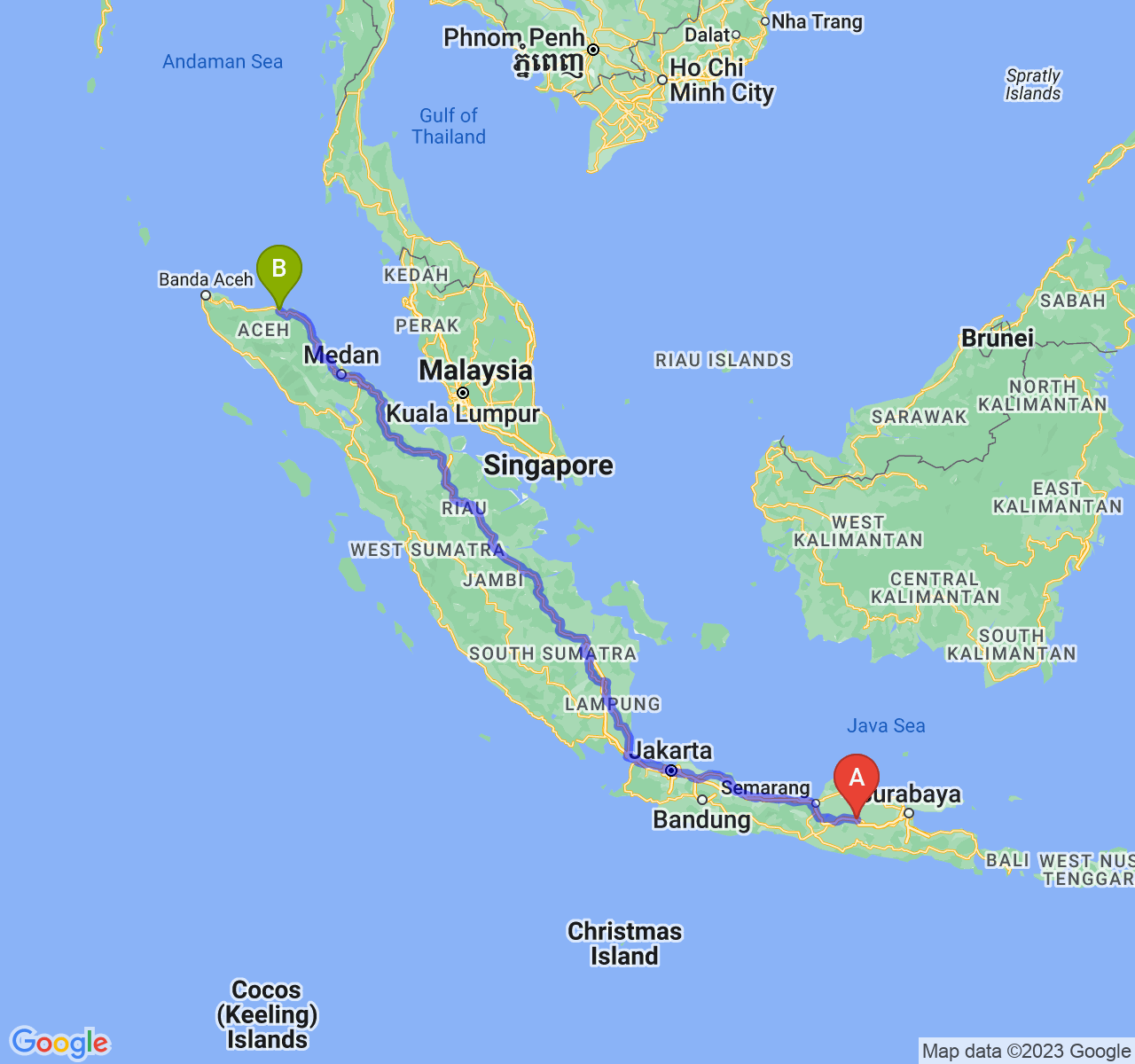 perjalanan dengan rute Kab. Ngawi-Kota Lhokseumawe