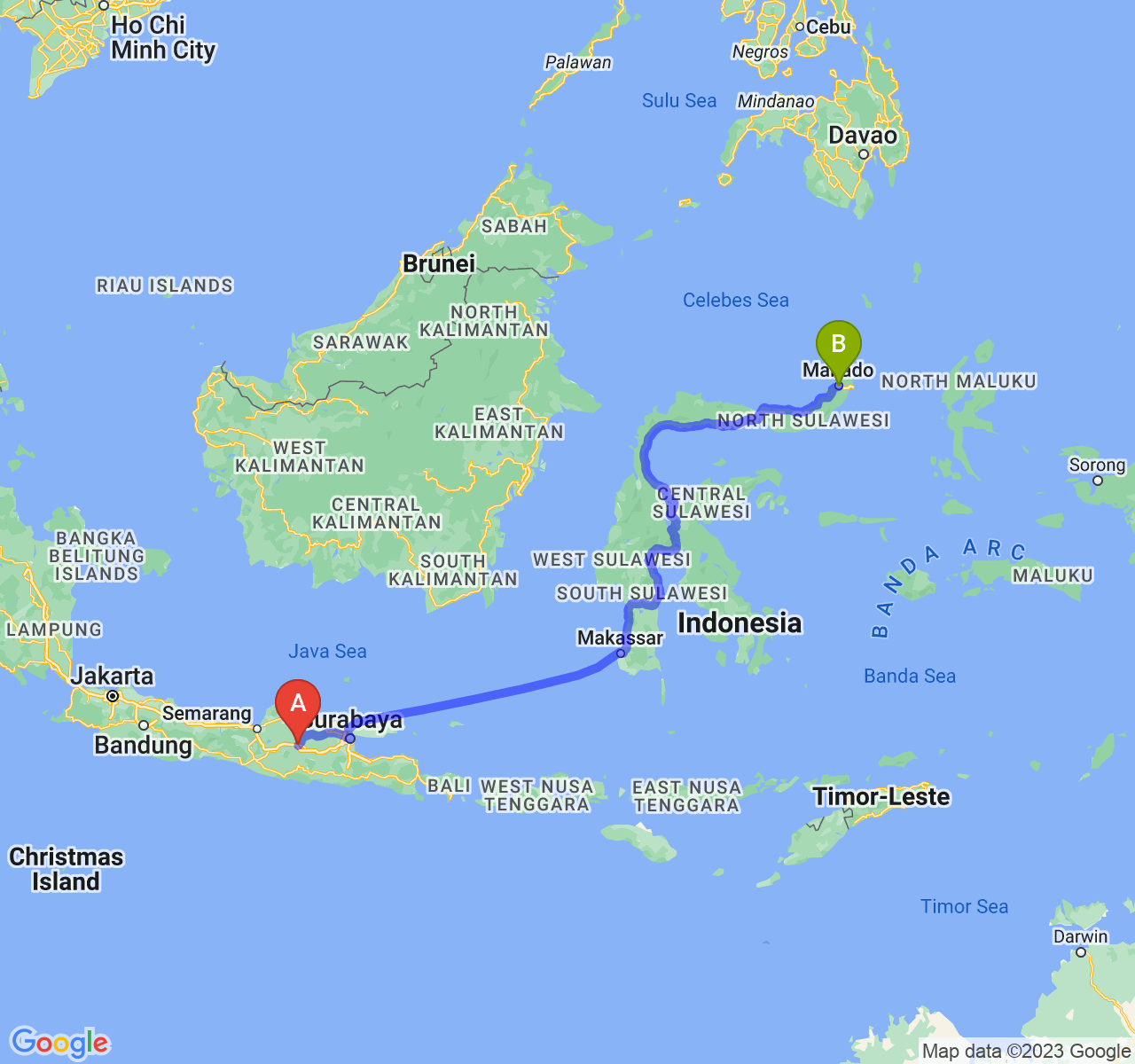 perjalanan dengan rute Kab. Ngawi-Kota Manado