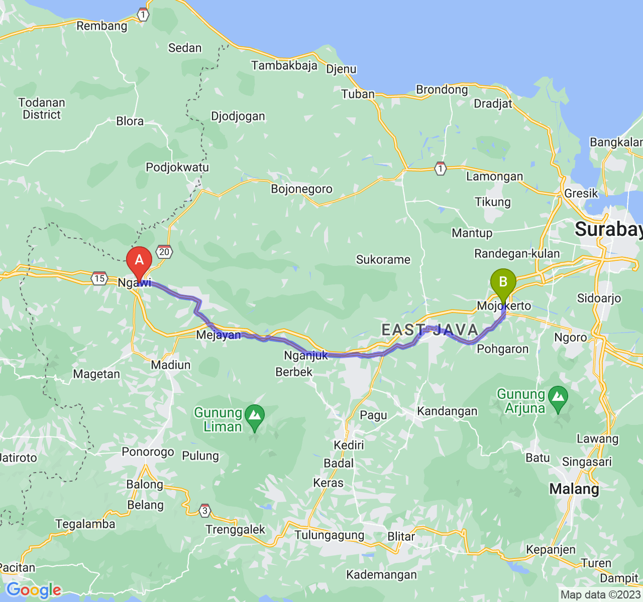 perjalanan dengan rute Kab. Ngawi-Kota Mojokerto