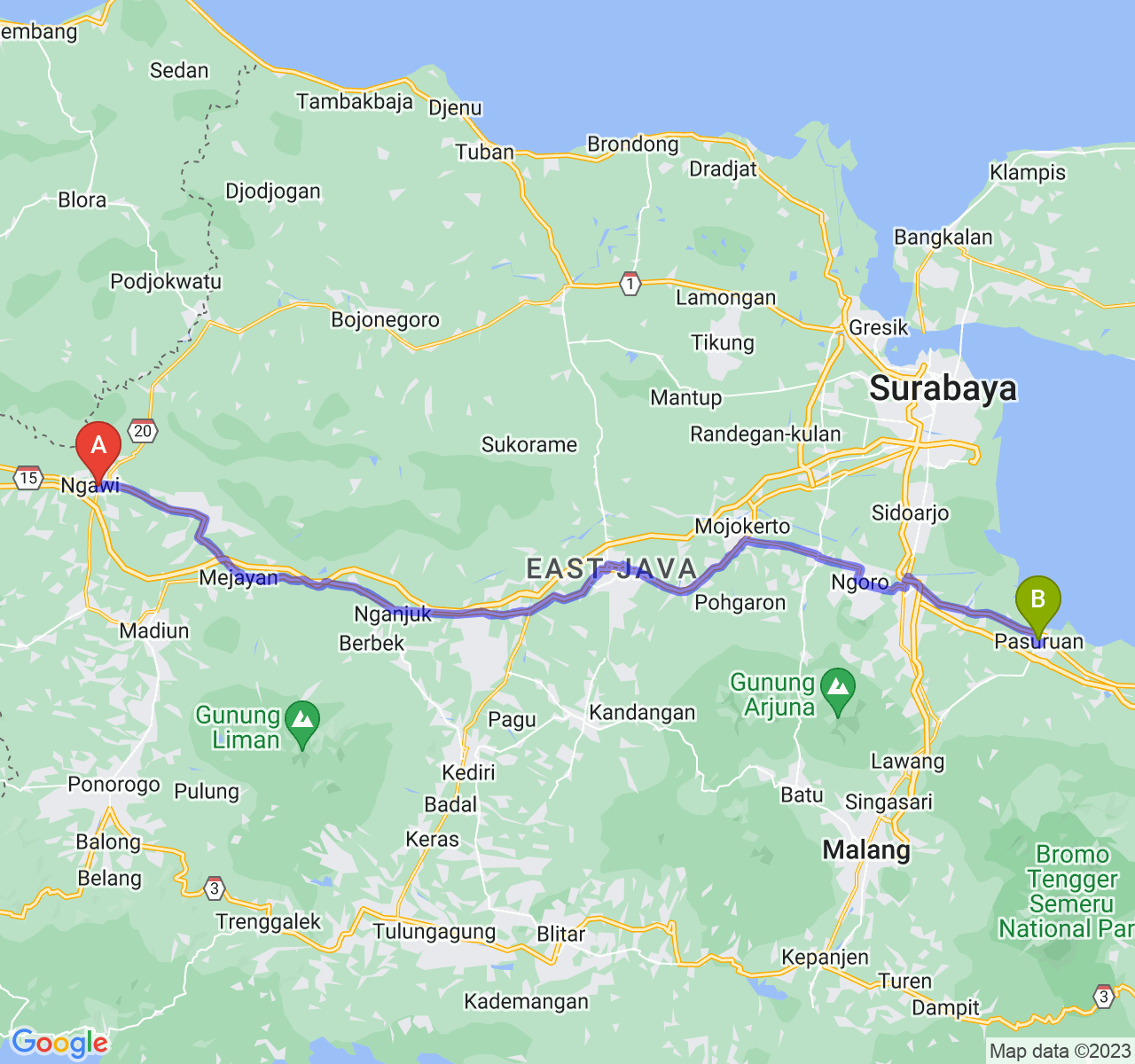 perjalanan dengan rute Kab. Ngawi-Kota Pasuruan