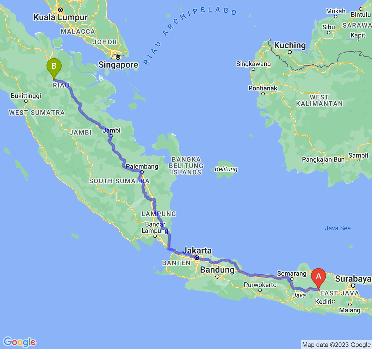 perjalanan dengan rute Kab. Ngawi-Kota Pekanbaru