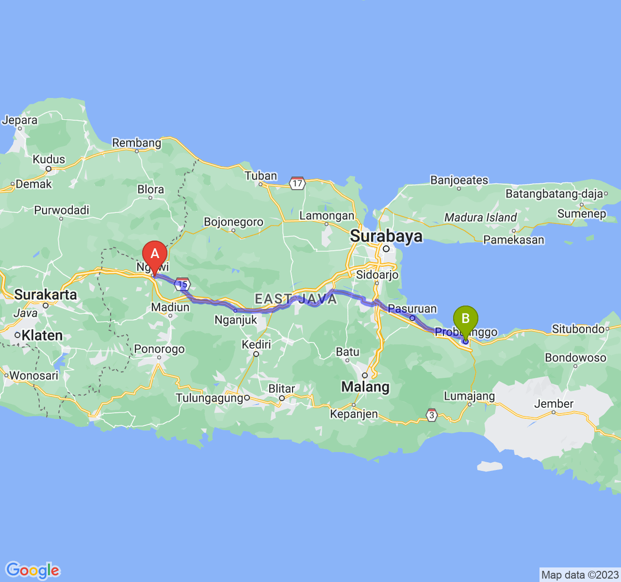 perjalanan dengan rute Kab. Ngawi-Kota Probolinggo