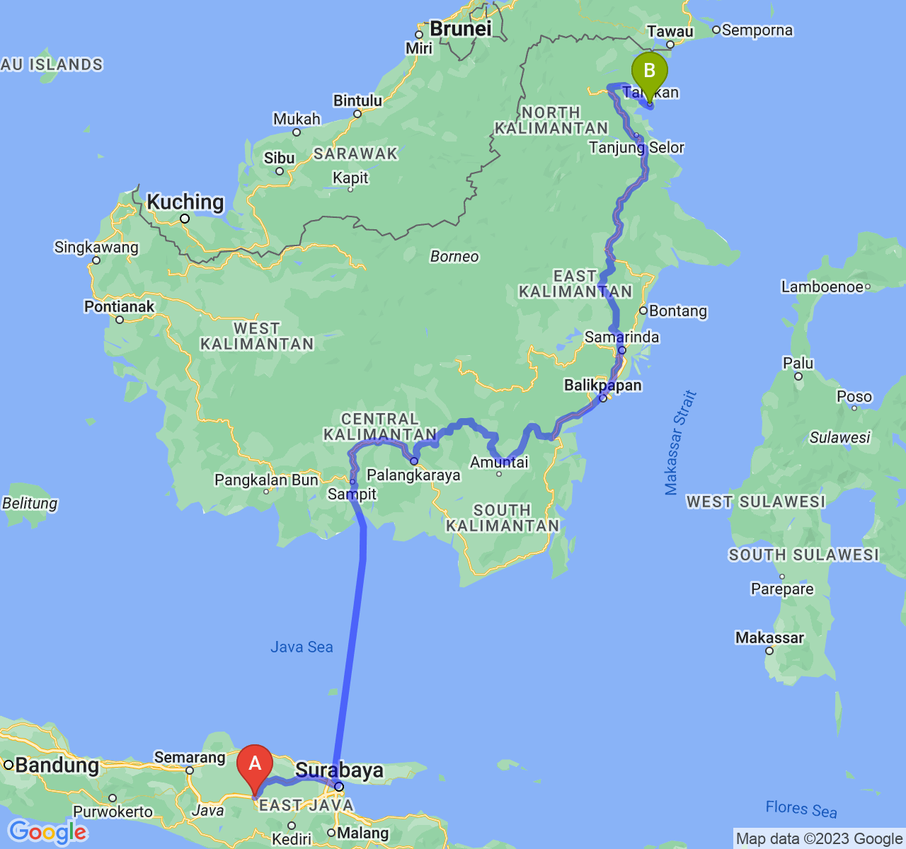 perjalanan dengan rute Kab. Ngawi-Kota Tarakan