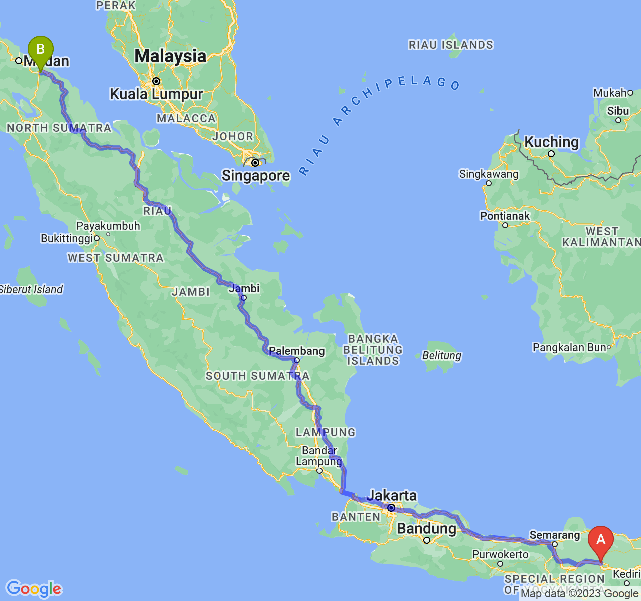 perjalanan dengan rute Kab. Ngawi-Kota Tebing Tinggi