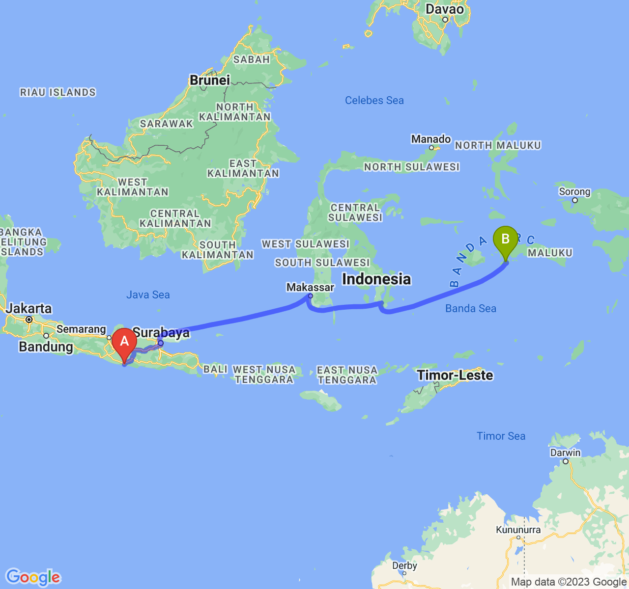 perjalanan dengan rute Kab. Pacitan-Kota Ambon