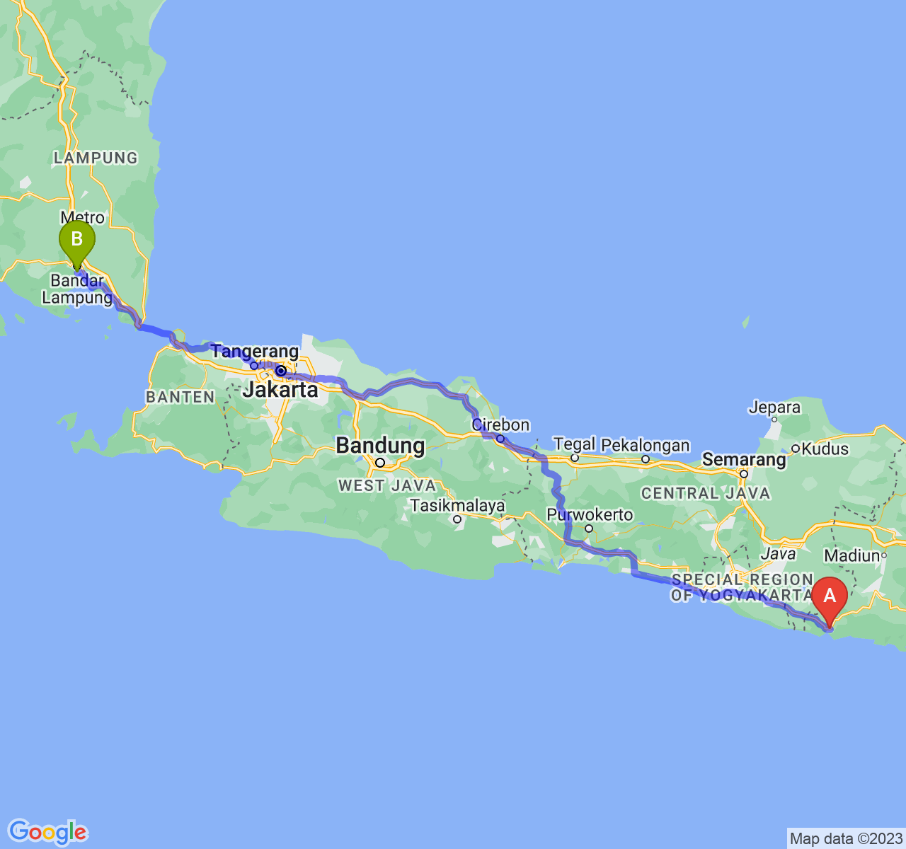 perjalanan dengan rute Kab. Pacitan-Kota Bandar Lampung