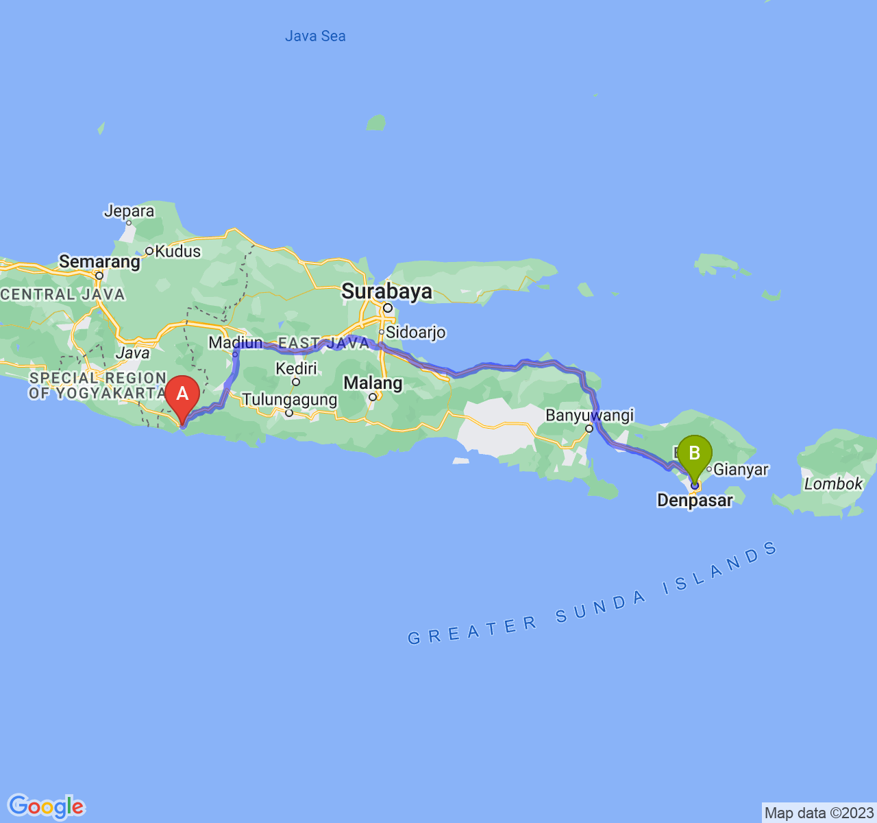 perjalanan dengan rute Kab. Pacitan-Kota Denpasar