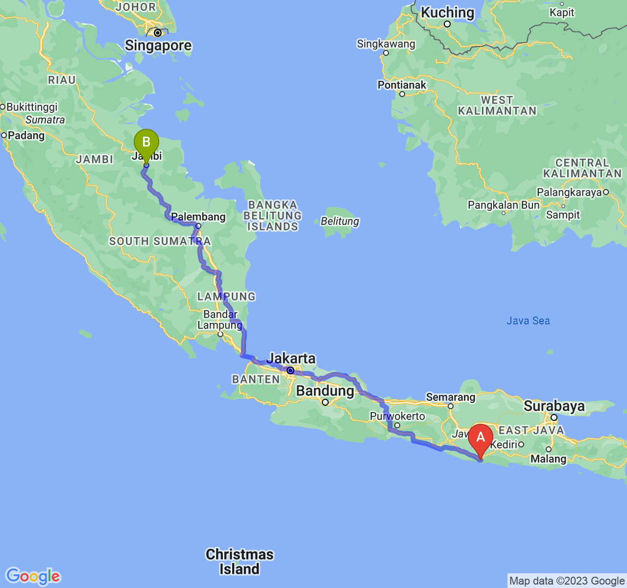 perjalanan dengan rute Kab. Pacitan-Kota Jambi