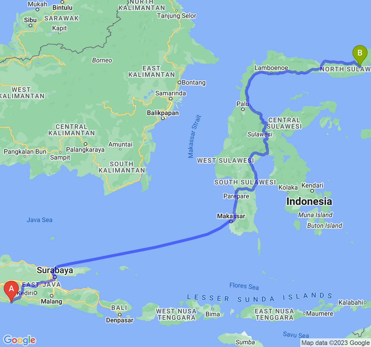 perjalanan dengan rute Kab. Pacitan-Kota Kotamobagu